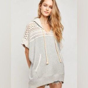 NWT Free People Gray Crochet Back Oversized Hooded Sweater